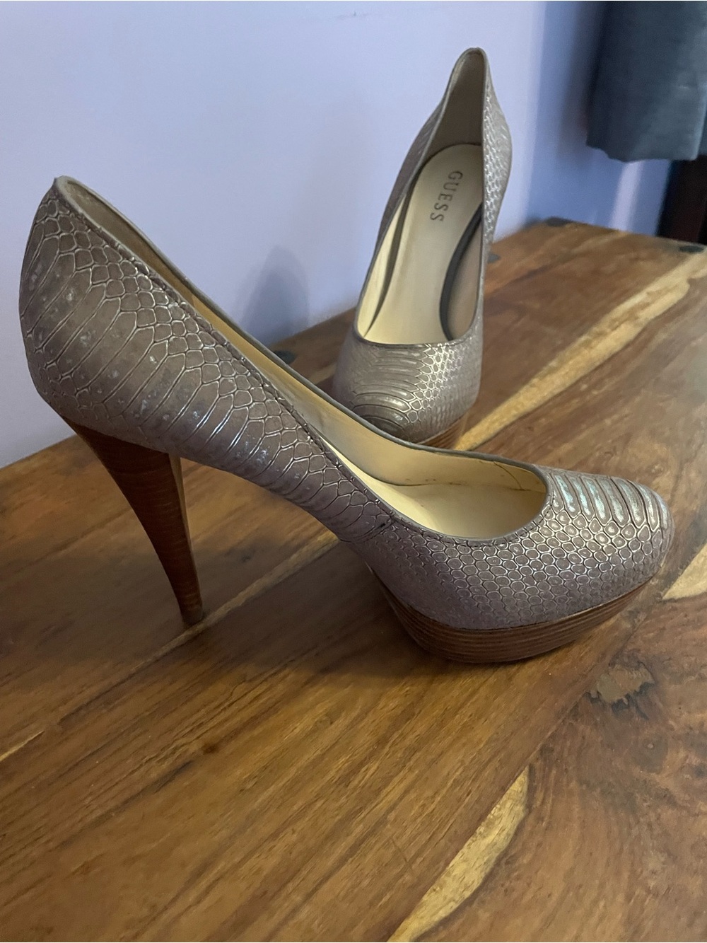 GUESS Taupe Snake-Embossed Platform High Heels
